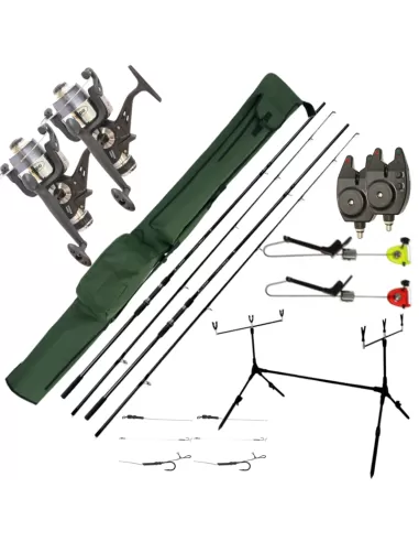 Carpfishing Kit: 2 Rods 2 Reels 2 Signalers 1 Pod 1 Sheath 2 Terminals 2 Swingers