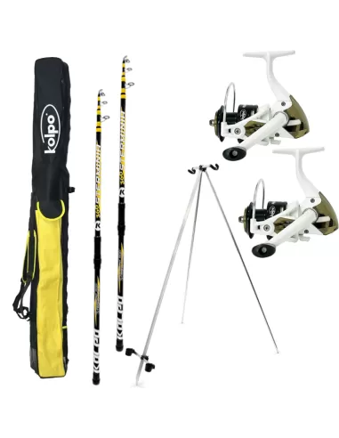 Kit da Pesca Surfcasting con 2 Canne 2 Mulinelli Tripode e Fodero