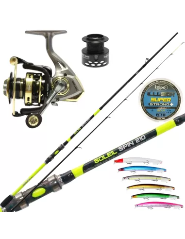 Combo Spinnng Pesca in Mare Canna Mulinello Filo 6 Artificiali