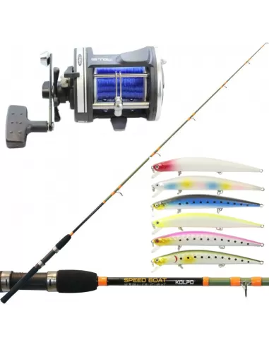 Kolpo Kit Fishing Coastal Trolling Complete Reel Rod 6 Artificial