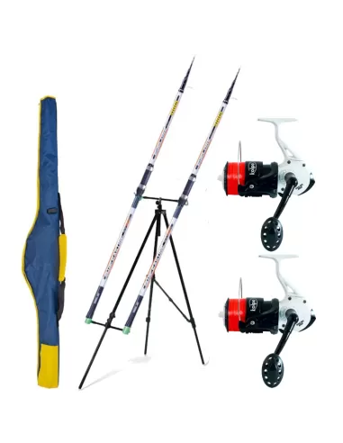 Kit Combo Pesca Surfcasting Completo di 2 Canne 2 Mulinello Tripode e Fodero-Pescaloccasione