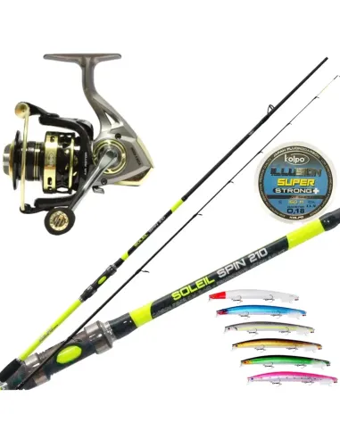 Combo Spinnng Pesca in Mare Canna Mulinello Filo 6 Artificiali